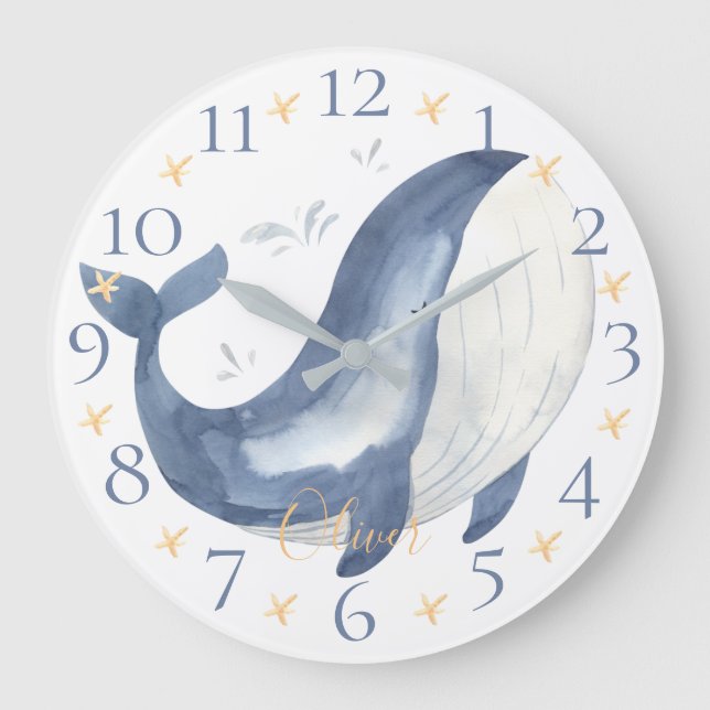 Cute Personalised Watercolor Nautical Blue Whale Large Clock (Front)