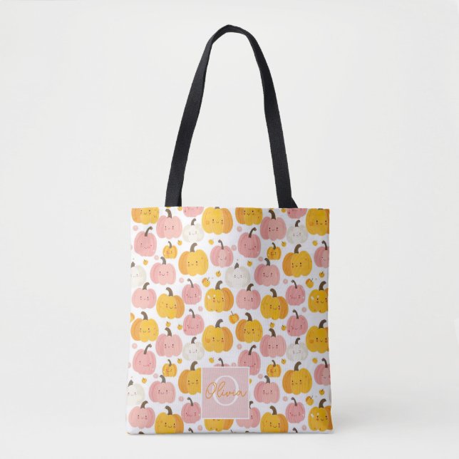 Cute Personalised Watercolor Pumpkin Fall Tote Bag (Front)
