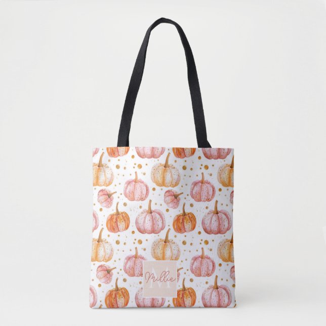Cute Personalised Watercolor Pumpkin Fall Tote Bag (Front)