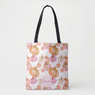Cute Personalised Watercolor Pumpkin Fall Tote Bag