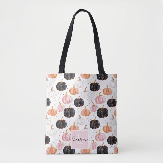 Cute Personalised Watercolor Pumpkin Fall Tote Bag (Front)