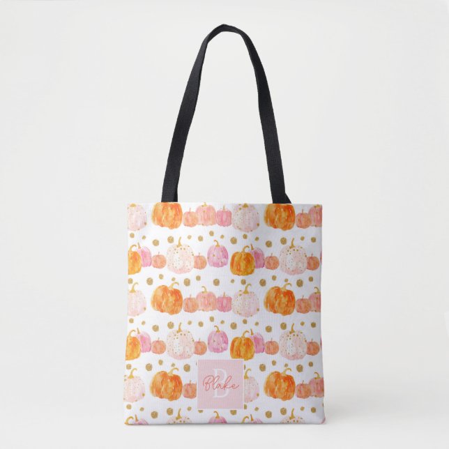 Cute Personalised Watercolor Pumpkin Fall Tote Bag (Front)