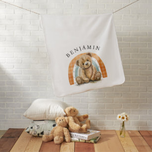 Cute Personalised Watercolor Teddy Bear & Rainbow  Baby Blanket