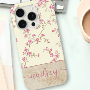 Cute Personalised Wood Floral Script Monogram Name iPhone 15 Pro Case