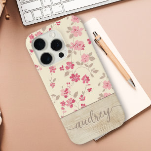 Cute Personalised Wood Floral Script Monogram Name iPhone 15 Pro Case