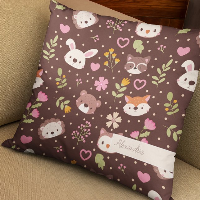 Cute Personalised Woodland Animals Pattern Kids Cushion (Creator Uploaded)