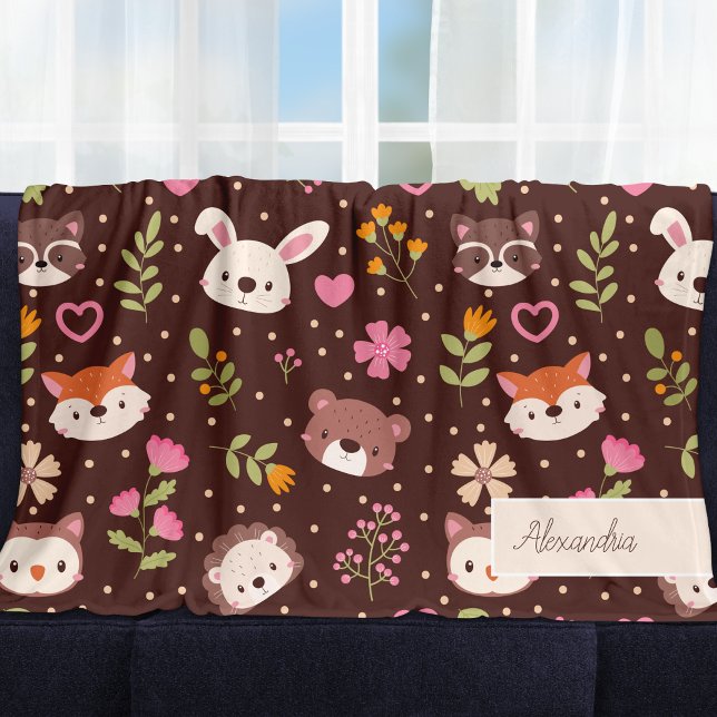 Cute Personalised Woodland Animals Pattern Kids Fleece Blanket (Creator Uploaded)
