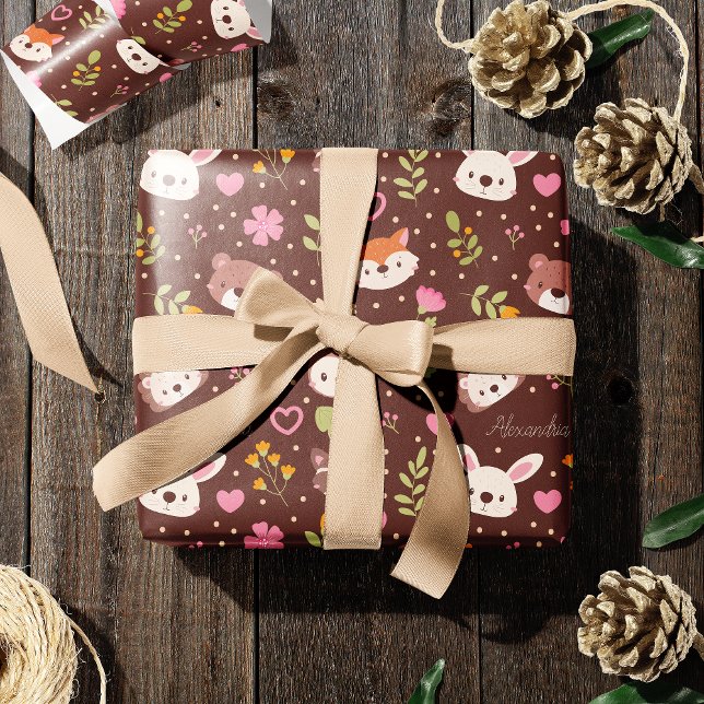Cute Personalised Woodland Animals Pattern Kids Wrapping Paper (Creator Uploaded)