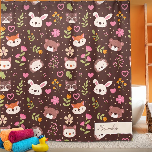 Cute Personalised Woodland Animals Pattern Shower Curtain (Creator Uploaded)