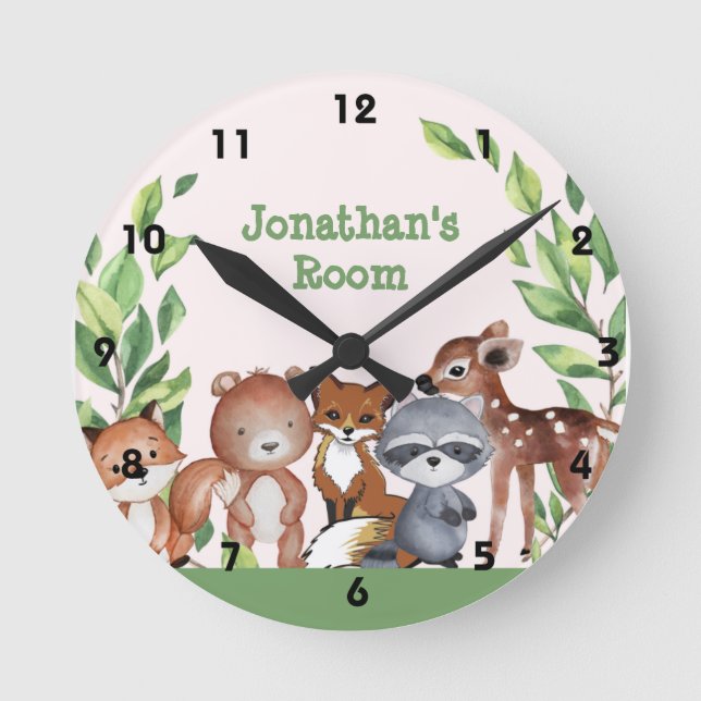 Cute Personalised Woodland Animals Round Clock (Front)
