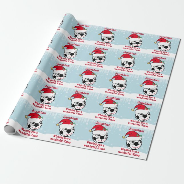 Cute Personalised Xmas Soccerball Wrapping Paper (Unrolled)