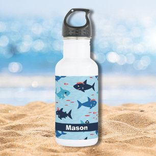 Cute personalizable funny sharks with pirate hats 532 ml water bottle