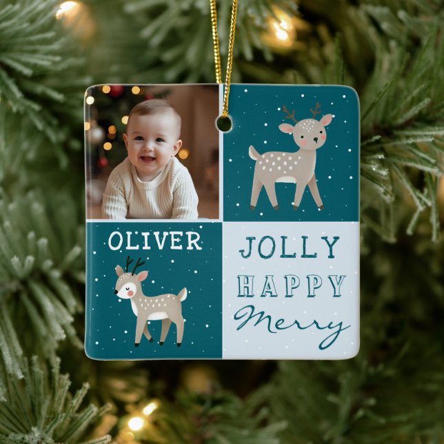 Cute Personalized Baby Photo Reindeer Christmas Ceramic Ornament (Tree)