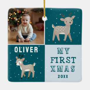 Cute Personalized Baby Photo Reindeer Christmas Ceramic Ornament