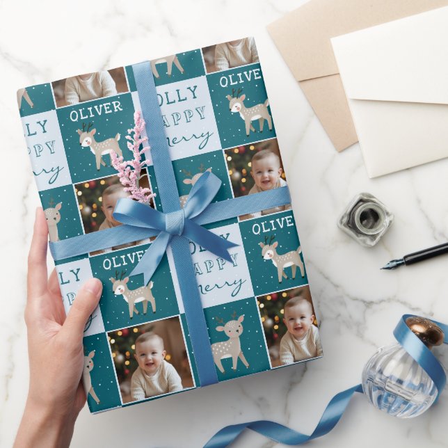 Cute Personalized Baby Photo Reindeer Christmas Wrapping Paper (Gifting)