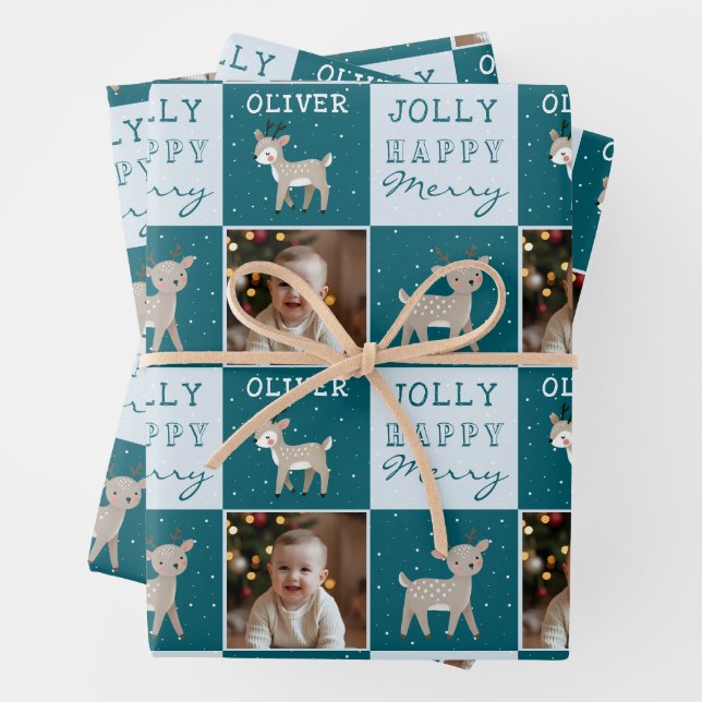 Cute Personalized Baby Photo Reindeer Christmas Wrapping Paper Sheet (In situ)