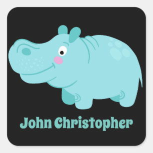 Cute Personalized Blue Hippo Sticker Kids Labels 