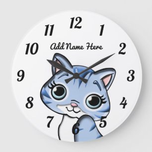 Cute Personalized Blue Kitten Large Clock