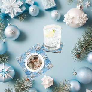 Cute Personalized Blue Snowflake Christmas Coaster