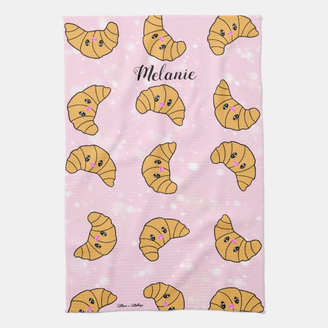 Cute Personalized Croissants Breakfast Bakery Food Tea Towel (Vertical)