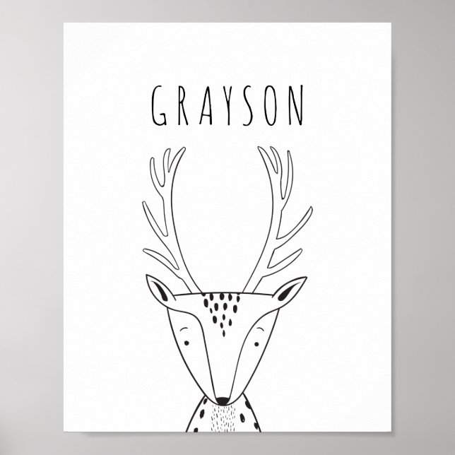 Cute Personalized Deer Black White Nursery Print (Front)