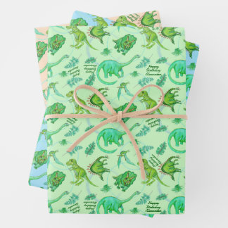 Cute Personalized Dinosaur Gift Wrap In 3 Colors