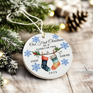 Cute Personalized Family of Two Christmas Stocking Ceramic Tree Decoration