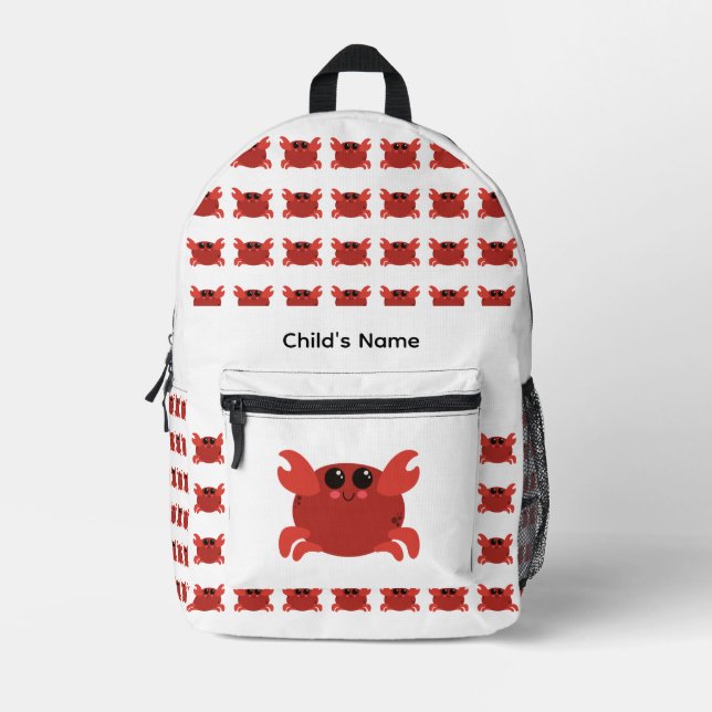 Cute Personalized Kid's Name Red and White Crab Printed Backpack (Front)