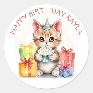 Cute Personalized Kitten in Birthday Hat Classic Round Sticker