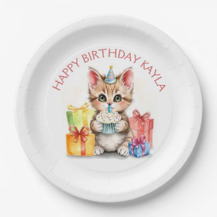 Cute Personalized Kitten in Birthday Hat  Paper Plate