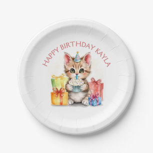Cute Personalized Kitten in Birthday Hat Paper Plate