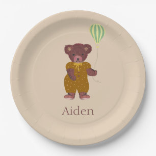 Cute Personalized Name Bear Beige Children's  Paper Plate