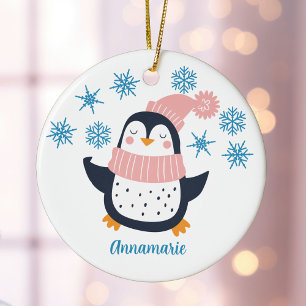 Cute Personalized Penguin Pink Scarf Christmas Ceramic Tree Decoration