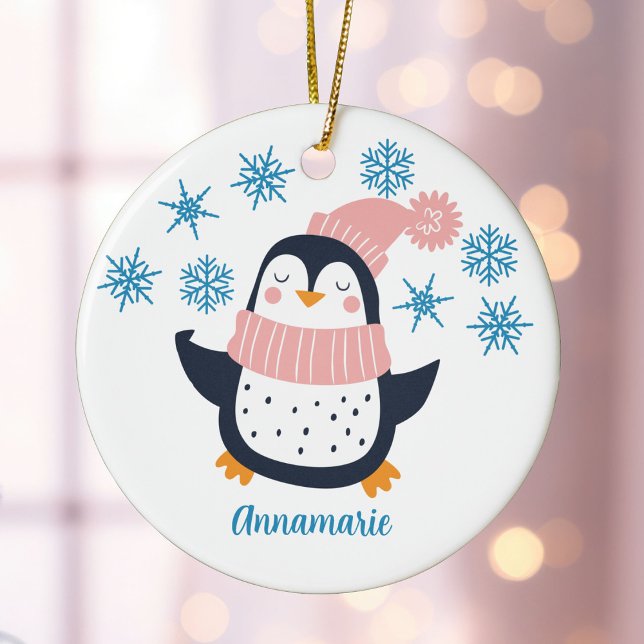 Cute Personalized Penguin Pink Scarf Christmas Ceramic Tree Decoration (Creator Uploaded)