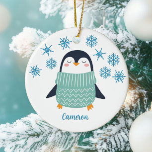Cute Personalized Penguin Snowflake Kids Christmas Ceramic Tree Decoration