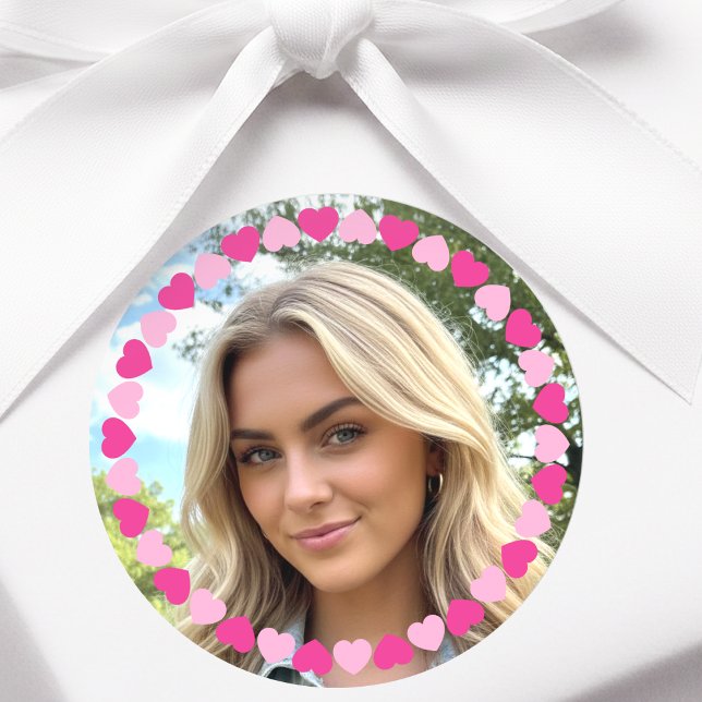 Cute Personalized Photo Love Heart Pink Classic Round Sticker (Creator Uploaded)