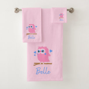 Cute Personalized Pink Owl Bathroom Towel Set