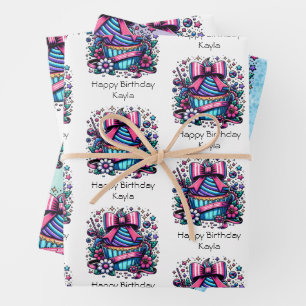 Cute Personalized Purple and Blue Cupcake Birthday Wrapping Paper Sheet