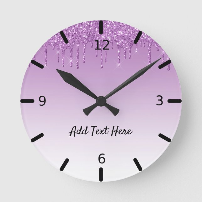 Cute Personalized Purple Dripping Glitter Round Clock (Front)