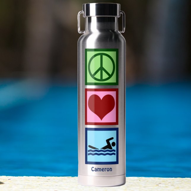 Cute Personalized Swimmer Peace Love Swimming Water Bottle (Creator Uploaded)