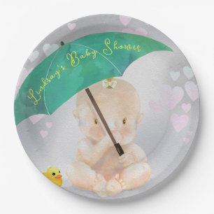 Cute Personalized Umbrella Baby Shower of Hearts Paper Plate