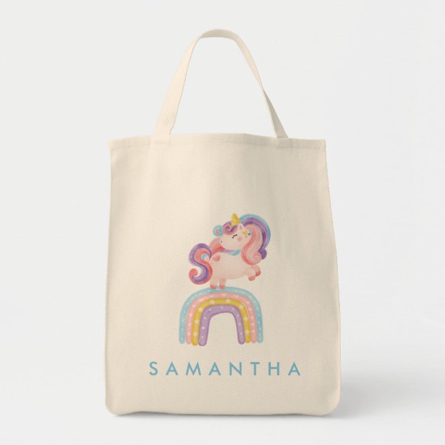 Cute personalized unicorn rainbow blue tote bag (Front)