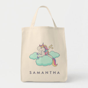 Cute personalized unicorn rainbow cloud tote bag