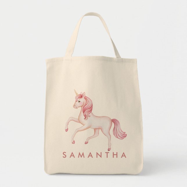 Cute personalized unicorn rainbow pink tote bag (Front)