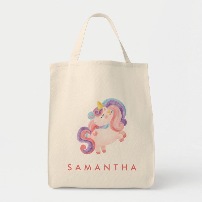 Cute personalized unicorn rainbow pink tote bag (Front)