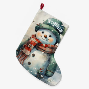Cute Personalized Watercolor Snowman Large Christmas Stocking
