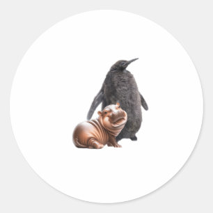 Cute Pesto The Penguin And Moo Deng Baby Hippo Tan Classic Round Sticker