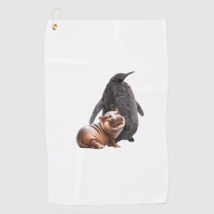 Cute Pesto The Penguin And Moo Deng Baby Hippo Tan Golf Towel