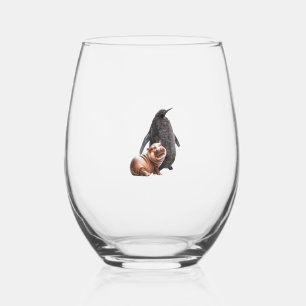 Cute Pesto The Penguin And Moo Deng Baby Hippo Tan Stemless Wine Glass