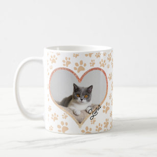 Cute Pet Cat Photo Heart glitter & Paws Pattern Coffee Mug